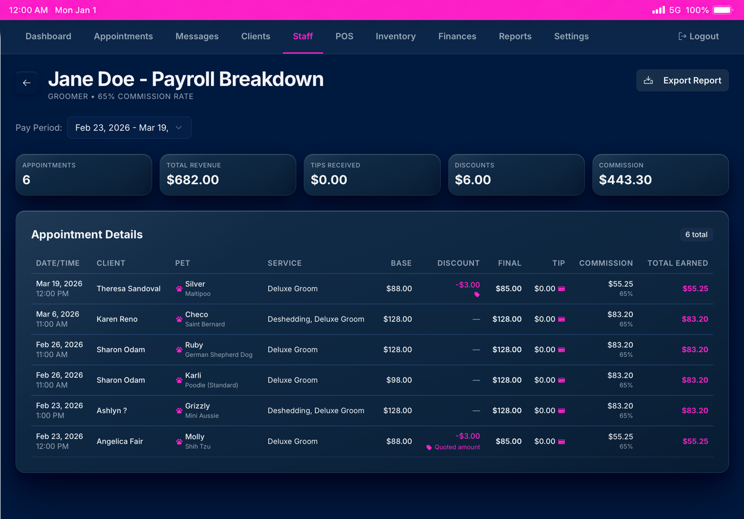 Zoomie Groomie payroll breakdown screenshot