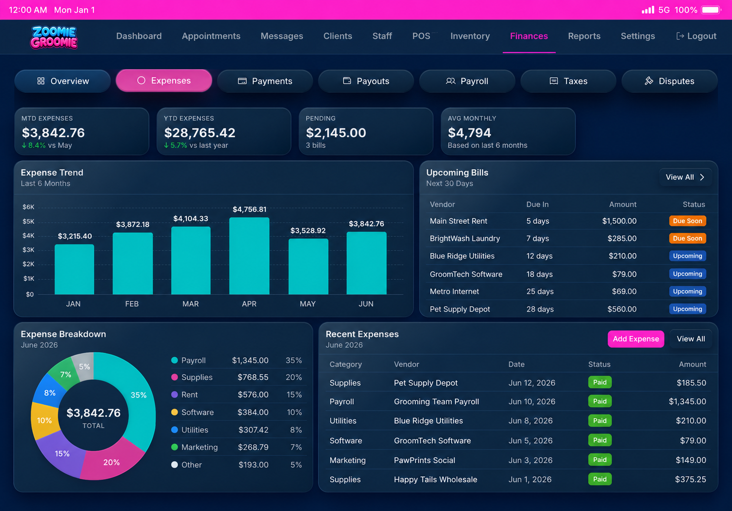 Bills and expense tracking dashboard